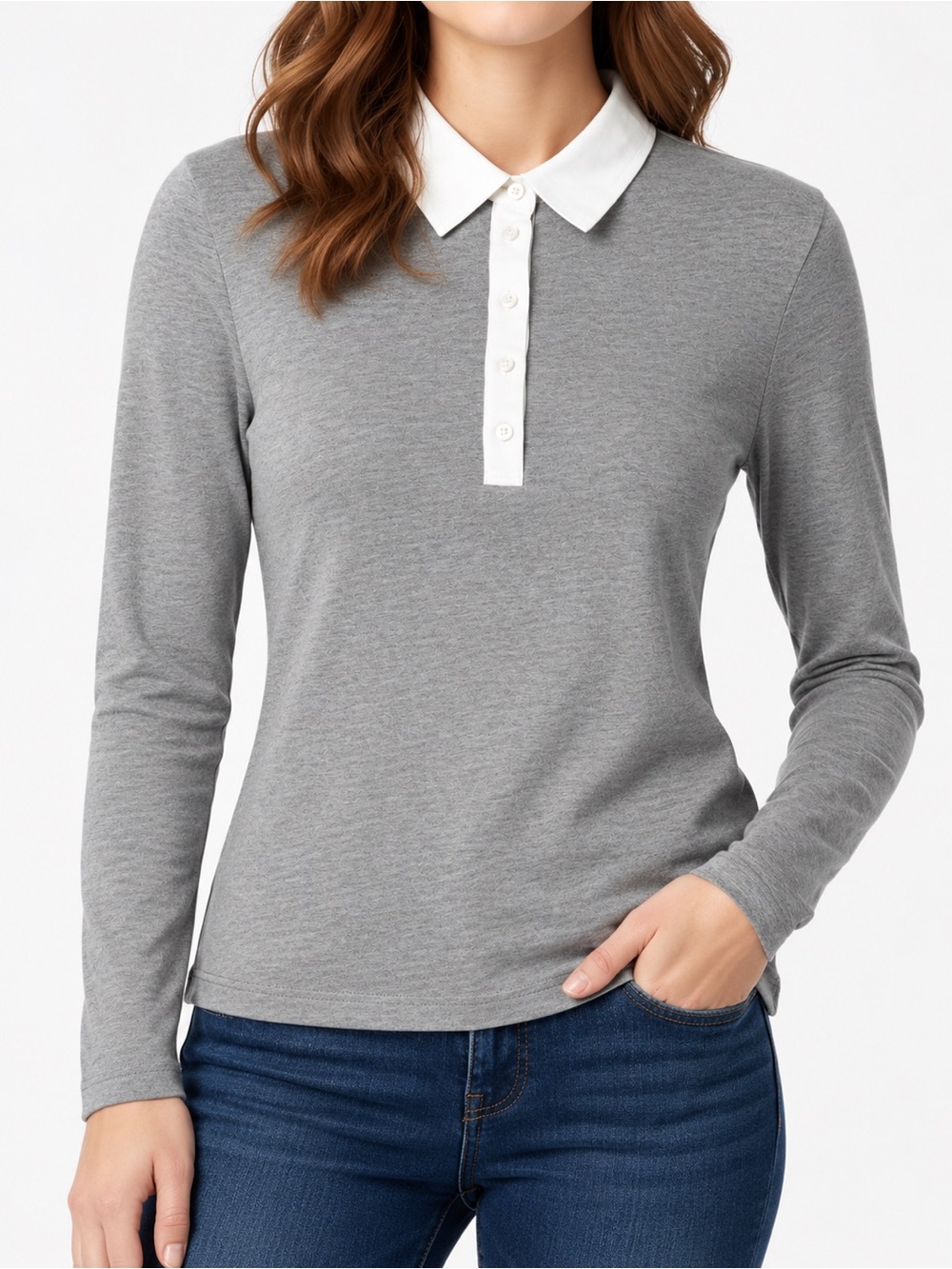 Golfino Polo Top Gray Contrast Collar Long Sleeve Fall Sz S Made in Europe